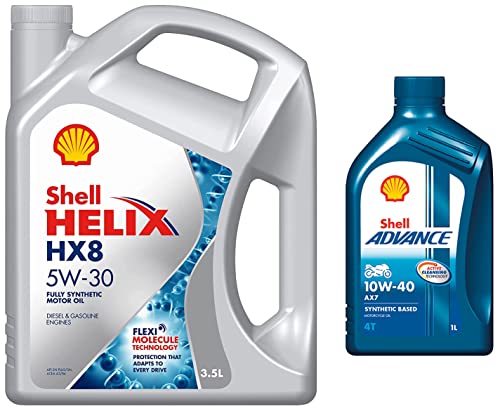 Image of Shell Helix HX8 5W-30 API SN Plus Fully Synthetic Engine Oil for Petrol, Diesel & CNG Cars (3.5 L), medium & Advance AX7 4T 10W-40 API SM Synthetic Technology Motorbike Engine Oil (1L)