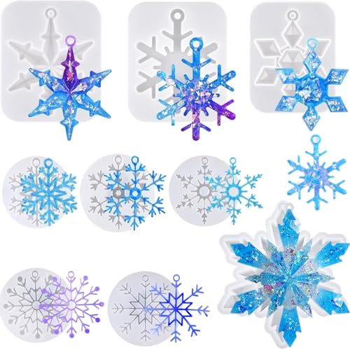Snowflake Silicone Resin Molds 9 Pcs Snowflake Resin Casting Molds Christmas Ornament Resin Molds DIY Resin Crafts Jewelry Pendant Xmas Gift Home Decoration
