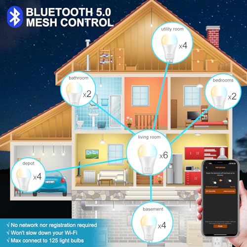 DUSKTEC Bluetooth Smart Bulb E27, Warm White to Daylight Dimmable Alexa Light Bulbs, 12W 1300 LM Smart Light Bulbs, 130W Equivalent Edison Screw Bulb APP and Voice Control, No Hub, 4 Pack - Image 6
