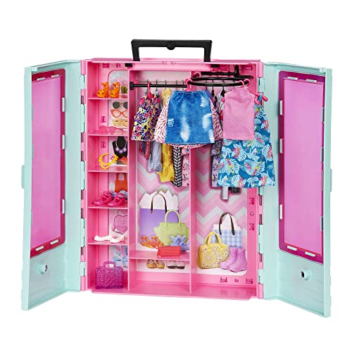 Barbie Kleiderschrank mit Kleidung und Accessoires, Garderobenschrank mit Falttüren und Tragegriff, Puppen Nicht enthalten, Geschenk für Kinder, Spielzeug ab 3 Jahre, HKR92