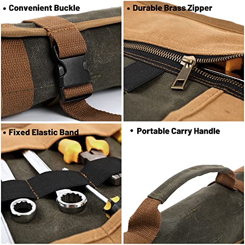 Canvas Tool Roll, 23 Pockets Tool Case, Heavy Duty 16Oz Waxed Canvas Tool Storage (26"L X 13"W), Tool Roll Up Bag With Buckles And Handle - Army Green #TOP3