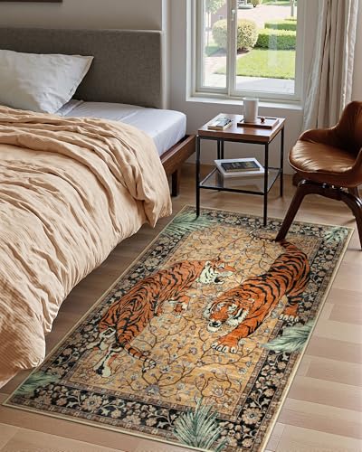 Moynesa Tiger Washable Rugs, 3x5 Entry Area Rugs, Non Slip Vintage Soft Living Room Carpet, Boho Low Pile Stain Resistant Indoor Throw Mat for Kitchen Bedroom Entrance, Camel