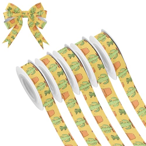IBGIKWH Lovely Cactus Plant Pot Ribbon 5 Rolls 0.6" x 5 Yards Decorative Fabric Ribbons for Wreath Bow Gift Wrapping DIY
