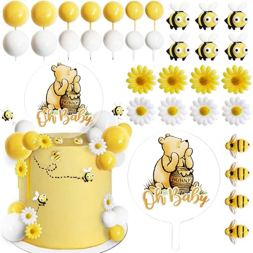 Bttwkco® Winnie Baby Shower Cake Decorations Party supplies, First Birthday Classic Pooh Acrylic Cake Topper Bees & Flowers