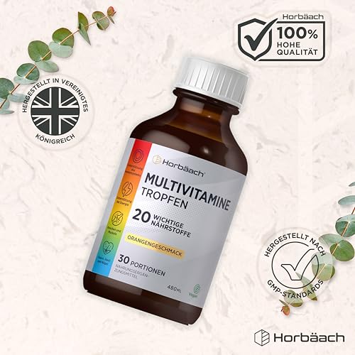 Multivitamin Komplex Tropfen | 480ml | Vegan | 20 essentielle Nährstoffe | Hochdosiert Vitamin | 30 Portionen | Orangengeschmack | Horbaach
