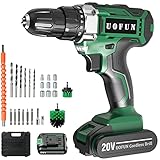 UOFUN Taladro Atornillador 20V, 50NM Taladro Inalámbrico, Taladro Eléctrico con 2 Baterías de 2200 mAh, 25 + 1 Ajustes de Par, 2 Velocidades, 27 Accesorios