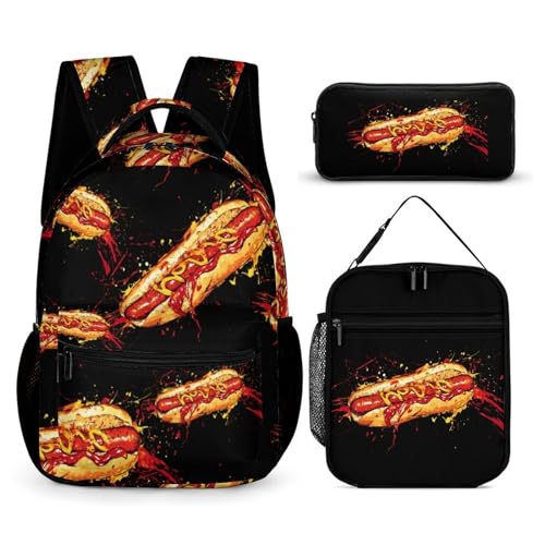 Hot Dog Ketchup Mustard Travel Backpack Lunch Box Pencil Case 3Pcs Set for Men Women Office Outing University