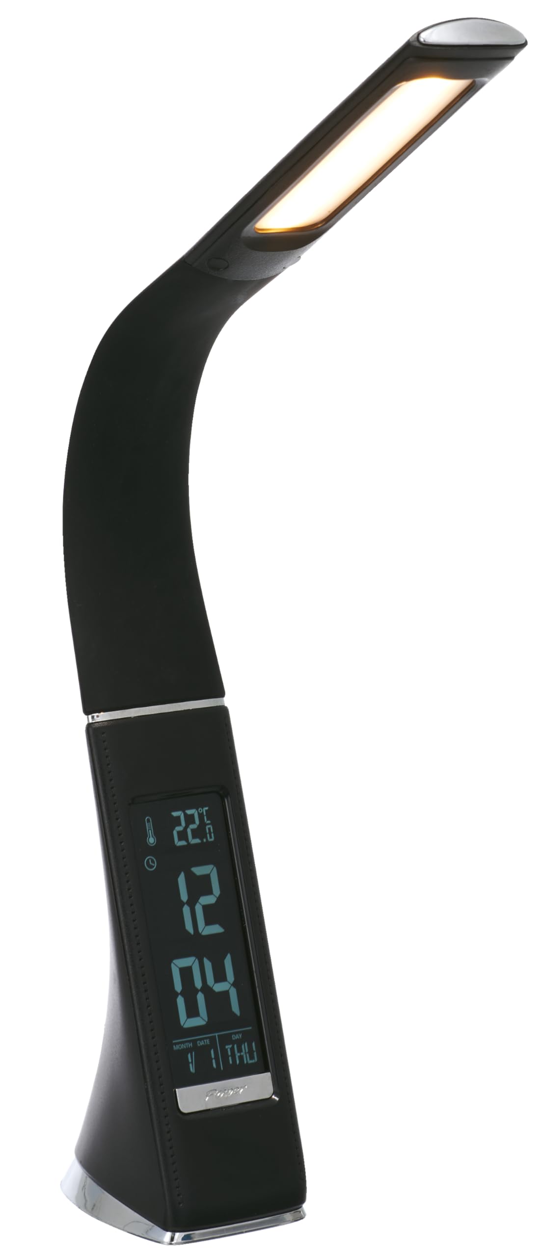 Majestic LL 407 – Lampada LED da tavolo multifunzione, comandi touch, braccio flessibile in silicone, orologio con sveglia, calendario e termometro, alimentatore incluso, nero