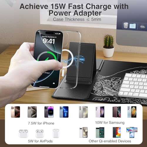 Image of Wireless Charging Mouse Pad with Foldable Phone Holder, 31.5 inchx15.8 inch Large Desk Mat for Laptop /Keyboard, Waterproof Ultra-Smooth Surface, Non-Slip Base, Black Wave