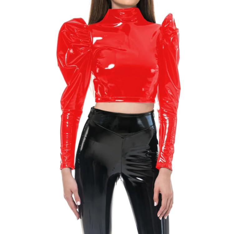 Wetlook - Blusa corta de cuello alto para mujer, manga larga abombada, cremallera trasera, blusa delgada de piel de PVC, ropa de club, personalizada