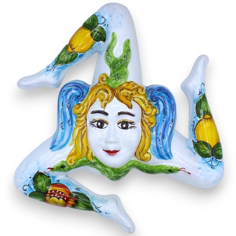 Trinacria en céramique fine de Sicile 30 cm blanche au décor citrons et grenade fait main