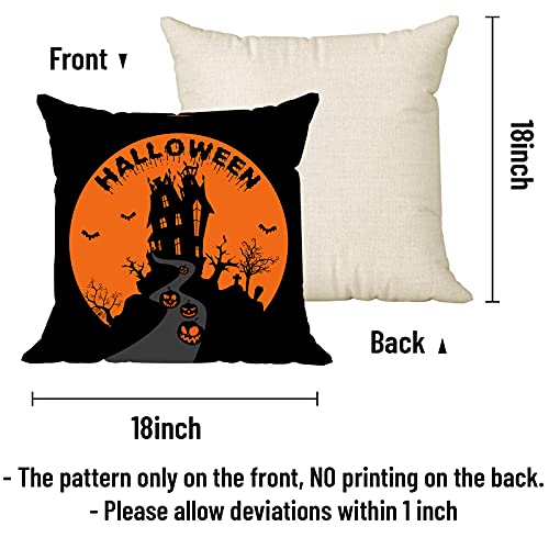Creatrill Set Of 4 Halloween Pillow Covers 18 X 18 Inch With 4 Bonus Coasters, Black Cat Castle Soft Linen Trick Or Treat Pillowcase, Rustic Halloween Decorations For Farmhouse Sofa Couch Car Orange #TOP1