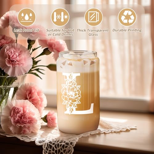 Image of Coolife Initial Glass Cup, Monogrammed Gifts for Women, 16 oz Tumbler w /Lid | Iced Coffee Smoothie Beer Tumbler w /Straw Lid - Personalized Christmas, Birthday Gifts for Woman Her Mom Friend