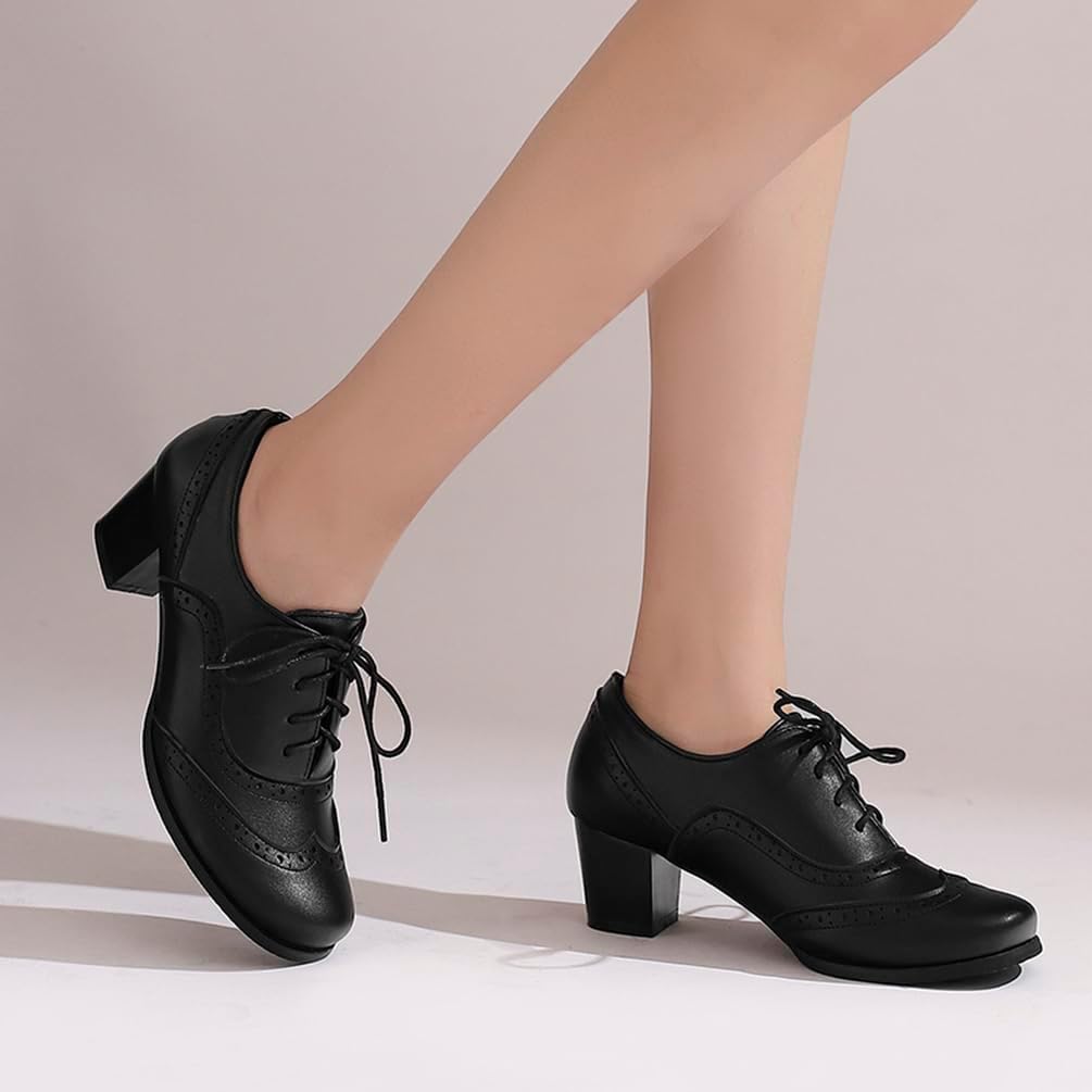 Women's Oxford Block Heel Shoes Wingtip Lace-Up Dress Pumps Classic Brogue