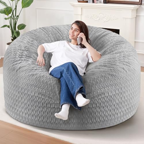 Image of 6FT Bean Bag Chair,Giant Bean Bag Chairs for Adults,Big Bean Bags with Memory Foam Filled, Large Beanbag Chairs with Chevron Plush Cover-Light Grey