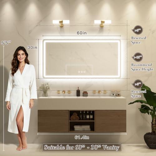 Image of 60 inch x 30 inch Led Bathroom Mirror with Lights, Anti-Fog & Tri-Color Lighting - Wall Mounted Shaving Mirror with, Waterproof & LED Vanity Mirror,Tempered Glass, Dimmable Mirror