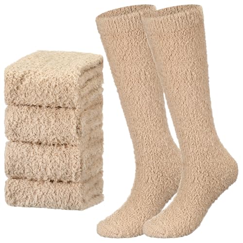 Boyiee 2 Pairs Fuzzy High Socks for Women Thigh High Soft Warm Socks Winter Long Coral Fleece for Women