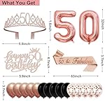 50th Birthday Decorations for Women, 32pcs 50th Birthday Party Decorations, Including Backdrop, Crown, Sash, banner, Hanging Swirl, Cake Topper, balloons, Paper Fans, Anniversary Card and paper fans - Image 2