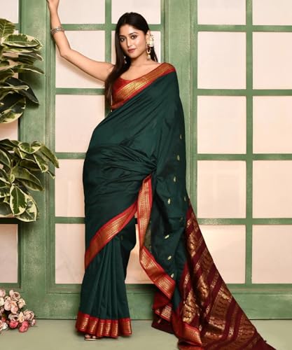 Image of Women's Kanjivaram Cotton Silk Saree South Indian Paithani Sari | gadwal cotton sarees with Zari Border and Blouse Piece - Suitable For All Indian Occasions and Festivals 191