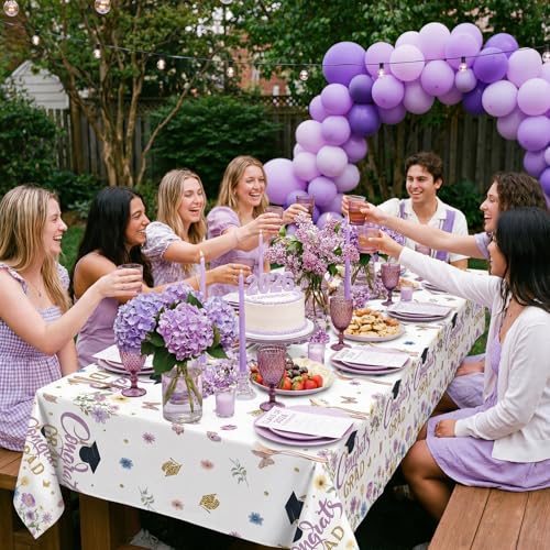 Image of Ganeen 3 Pcs Graduation Tablecloth Floral Class of 2026 Congrats Grad Table Cloths Purple Disposable Plastic Rectangle Table Cover for 2026 Graduation Decorations Grad Party Supplies, 54 x 108 Inch
