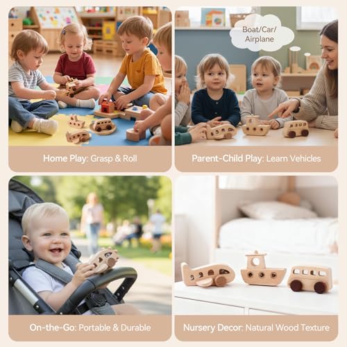 Image of Wooden Cars for Toddlers 1-3, Wooden Vehicles Baby Cars Set with Bus, Airplane and Boat, Montessori Rattle Toys with Rolling Beads, Ideal for Boys and Girls
