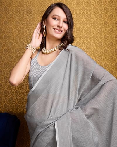 Image of SWORNOF Women's Linen Cotton Silk Saree with Unstitched Blouse Piece | Saree for Women | Saree with Blouse Piece | Soft and Skin Friendly