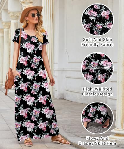 Image of EUOVMY Women's Short Sleeve Loose Plain Maxi Dresses Casual Vacation Long Dresses with Pockets