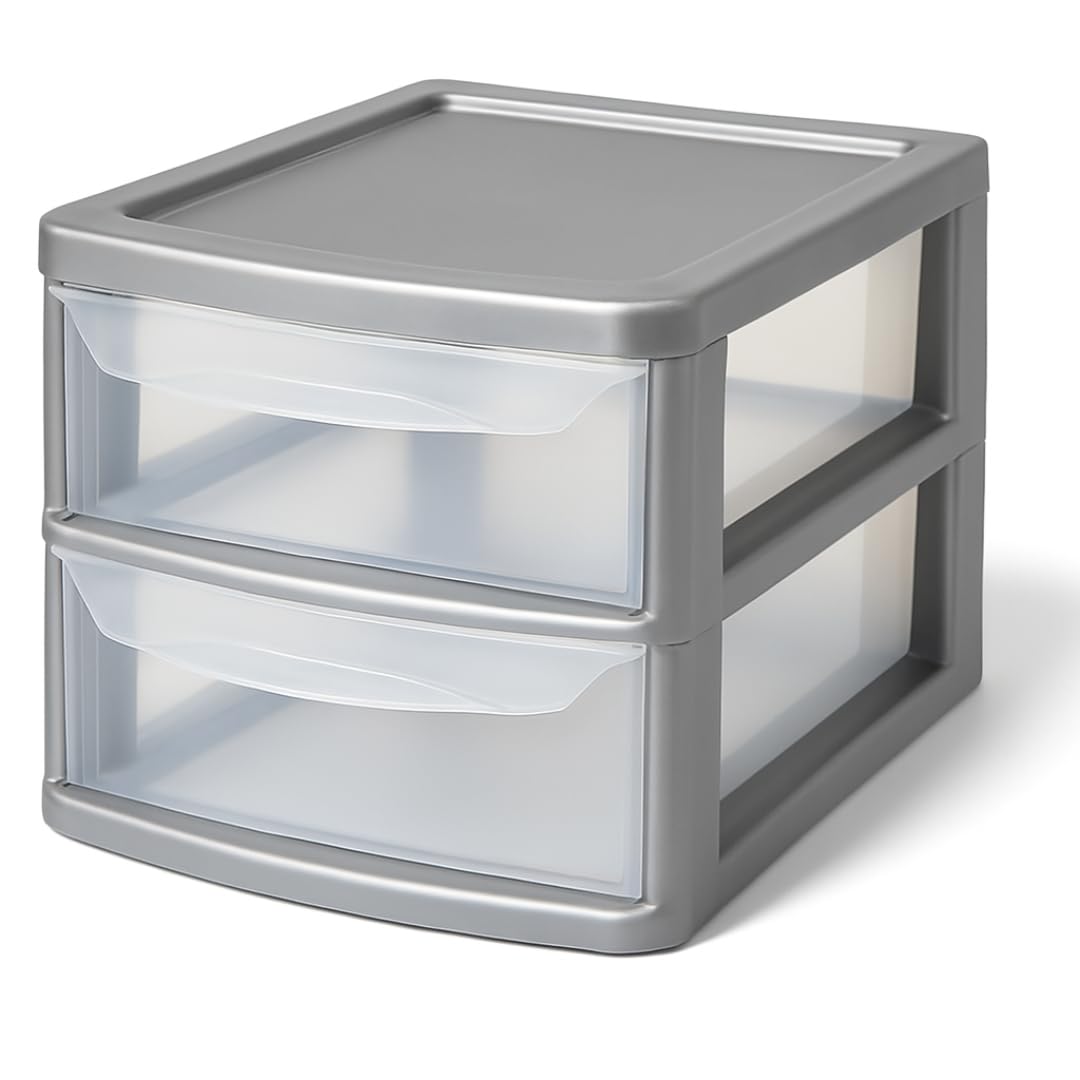 A4 PLASTIC STORAGE DRAWERS DRAW TOWER UNIT OFFICE DESKTOP TABLETOP HOME SCHOOL GARAGE MODULAR & PORTABLE DRAWERS OFFICE DESK ORGANIZER SLIM A4 SIZE 2|3|4|6|8 TIERS (Sliver/Clear, A4 Slim 2 Drawers) — image 1