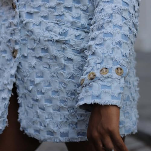 Famnbro Womens Jean Jacket Y2k Lapel Long Sleeve Button Frayed Business Casual Work Denim Blazer Jacket3