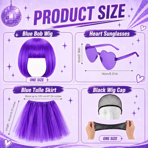 Image of Wesiti 24 Pcs 6 Sets Wigs Tutus Glasses for Women Costume,Purple,Cool