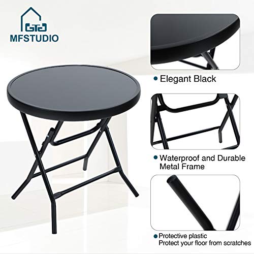 Mfstudio Patio Side Table, Folding Portable Round Bistro Coffee Table, Tempered Glass Metal End Table, Plant Stand For Indoor & Outdoor Garden Backyard Lawn Poolside, 18 Inch Black #TOP5