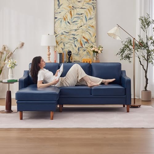 Image of Kingfun 88 inch L-Shape Sofa, Faxu Leather Sectional Couch, Mid Century Modern Couches with Solid Wood Frame for Living Room & Bedroom, Dark Blue