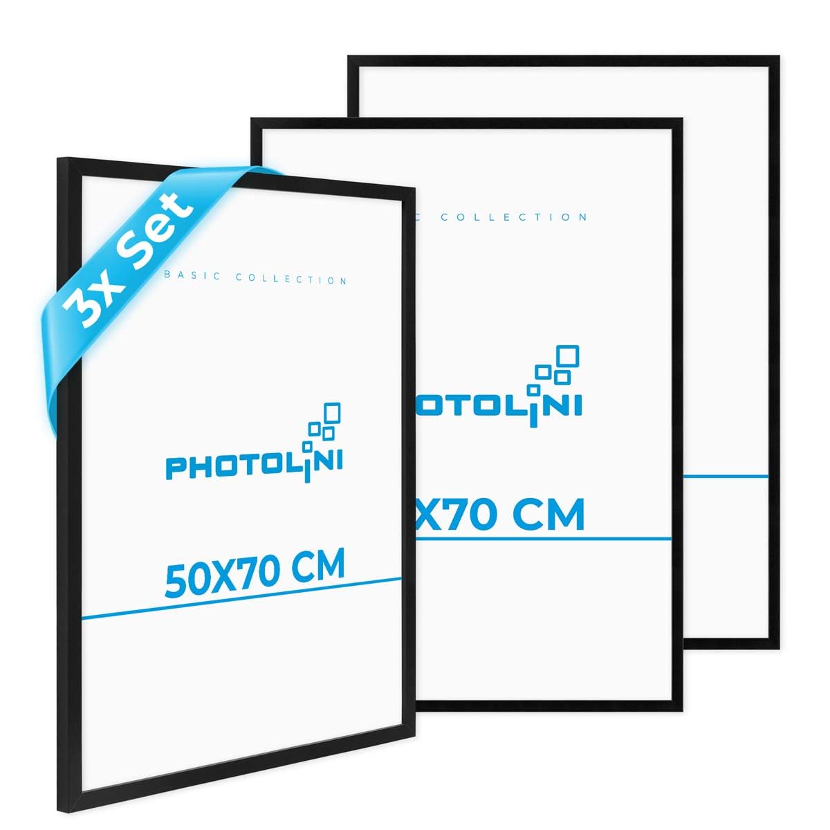 PHOTOLINI Marcos 50x70 cm negro madera MDF, set de 3 marcos para pósteres, cristal acrílico, para colgar, incluye accesorios - para fotos, láminas y pósteres