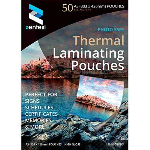 Zentesi A3 Laminating Pouches High Gloss Laminator Sheets 150 Micron (75 + 75 Microns) Glossy Laminate Pouch Sleeves - Pack of 50