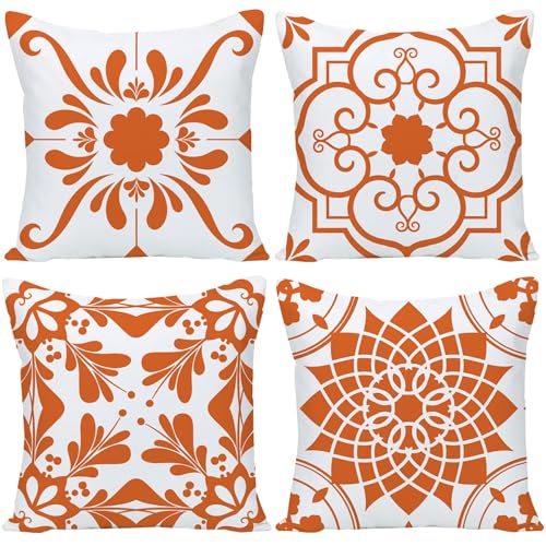 GUHOO Juego de 4 fundas de almohada decorativas geométricas de flores naranjas de 45,7 x 45,7 cm, juego de 4 fundas de cojín cuadradas para sofá, patio, sofá, decoración del hogar