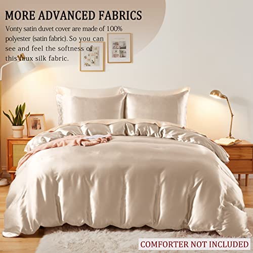 Vonty 3-Piece Silky Satin Duvet Cover Set Full/Queen Size Duvet Cover, Organic Natural 400Tc Beige Duvet Cover Set - Luxury & Sexy Bedding Duvet Covers With Zipper Closure(No Comforter) #TOP3