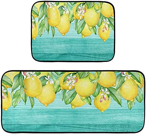 Teal Turquoise Green Kitchen Mats Lemon Flowers Floral Kitchen Rugs Runner Laundry Rug Non Slip Floor Door Mats Soft Doormats Carpet Home Decor Set of 2