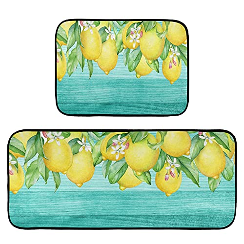 Teal Turquoise Green Kitchen Mats Lemon Flowers Floral Kitchen Rugs Runner Laundry Rug Non Slip Floor Door Mats Soft Doormats Carpet Home Decor Set Of 2 #TOP22