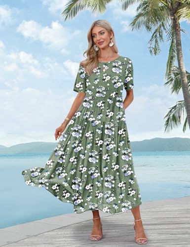 Image of YESNO Women Casual Loose Bohemian Floral Dress with Pockets Short Sleeve Long Maxi Summer Beach Swing Dress EJF