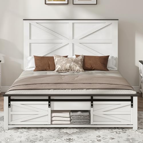 Albott-Farmhouse-Full-Size-Bed-Frame-Wood-Platform-Bed-Frame-with-Sliding-Barn-Door-Storage-488-Headboard-Storage-Bookcase-Footboard-Wood-Slats-Support-No-Squeak-No-Box-Spring-Needed-White Albott Farmhouse Full Size Bed Frame Wood Platform Bed Frame with Sliding Barn Door Storage 488 Headboard Storage Bookcase Footboard Wood Slats Support No Squeak No Box Spring Needed White