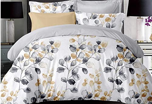 Idina Leaf Quilt Cover Set, 3pcs Gold Grey Watercolor King Doona Cover Set, Leaf Pattens Quilt Cover Set (King Size)