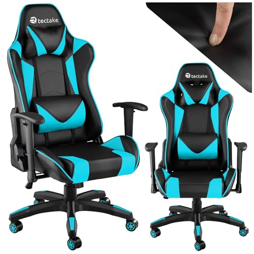 tectake® Gaming Stuhl, Bürostuhl ergonomisch, Computerstuhl mit hoher Rückenlehne, Gaming Sessel, PC Stuhl, inkl. Lordosenstütze und Nackenkissen, Racing Stil - schwarz/Azur