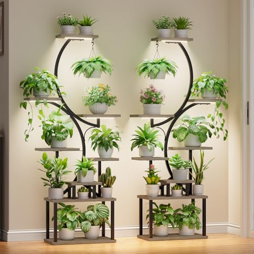 Image of BACEKOLL Plant Stand Indoor with Grow Light - 2 Pack Tall Indoor Plant Shelf, 62 inch Corner Plant Holder, 8 Tiered Large S-Shape Flower Multiple Display Shelf for Home, Grey