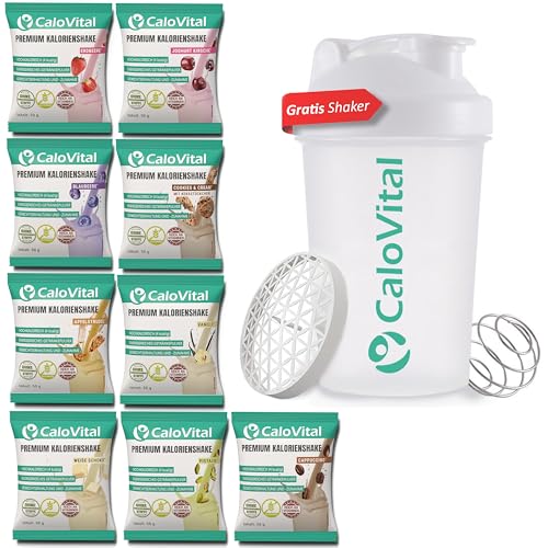 CaloVital Trinkmahlzeit als Aufbaunahrung zum Zunehmen | Trinknahrung hochkalorisch für schnelle Gewichtszunahme [PROBIERPAKET INKL. GRATIS SHAKER] 9er Pack Frucht & Dessert, je 50 g Pulver