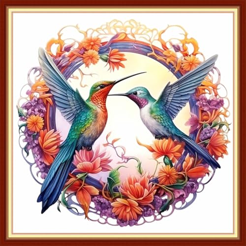 Image of Magxvouy Cross Stitch Kits Stamped Full Range of Embroidery Kits,Cross Stitch Patterns Needlework Kits for Beginners 11CT Printed Kits&Hummingbird Wreath18x18 inch