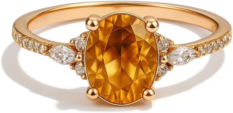 Oval Cut Citrine Engagement Ring for Women in 18K Yellow Gold | Diamond Marquise Side Stones | Vintage Inspired Dainty Wedding Bridal Jewelry Christmas Gift For Wife