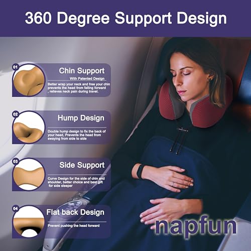 Image of napfun Neck Pillow for Traveling, Upgraded Travel Neck Pillow for Airplane 100% Pure Memory Foam Travel Pillow for Flight Headrest Sleep, Portable Plane Accessories, Burgundy