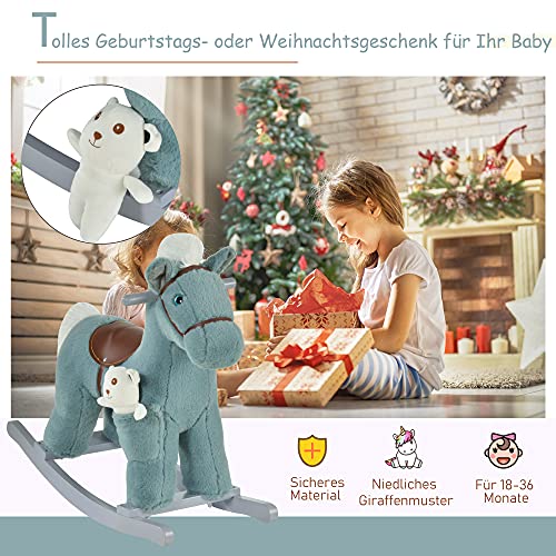 HOMCOM Kinder Schaukelpferd Baby Schaukeltier mit Tiergeräusche Spielzeug Haltegriffe für 18-36 Monate Plüsch Blau 65 x… – Bild 4