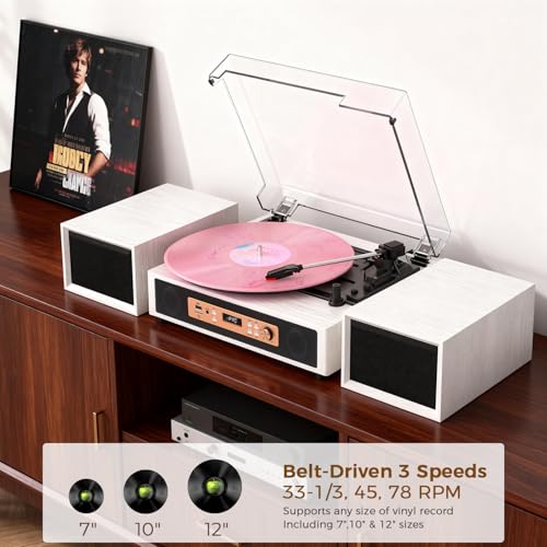 Bluetooth Record Player with Built-in & External Stereo Speakers, USB/TF Card & PC Recording, 3-Speed Belt-Drive Vintage Turntable with Dual RCA Outputs, White Wood Grain for Home Entertainment Gift by TANLANIN - Image 2