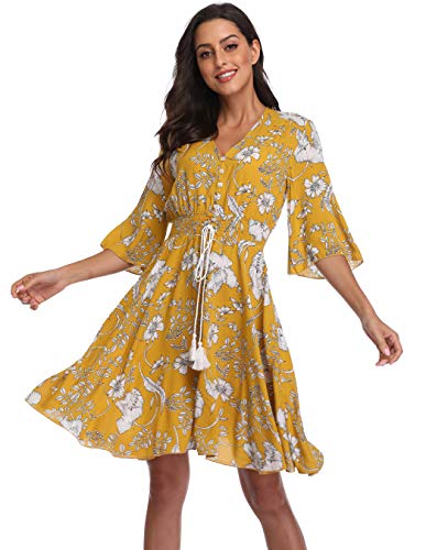 BestWendding Summer Floral Flowy Party Dresses Women Casual Button Up Split Swing Boho Beach Midi Dress